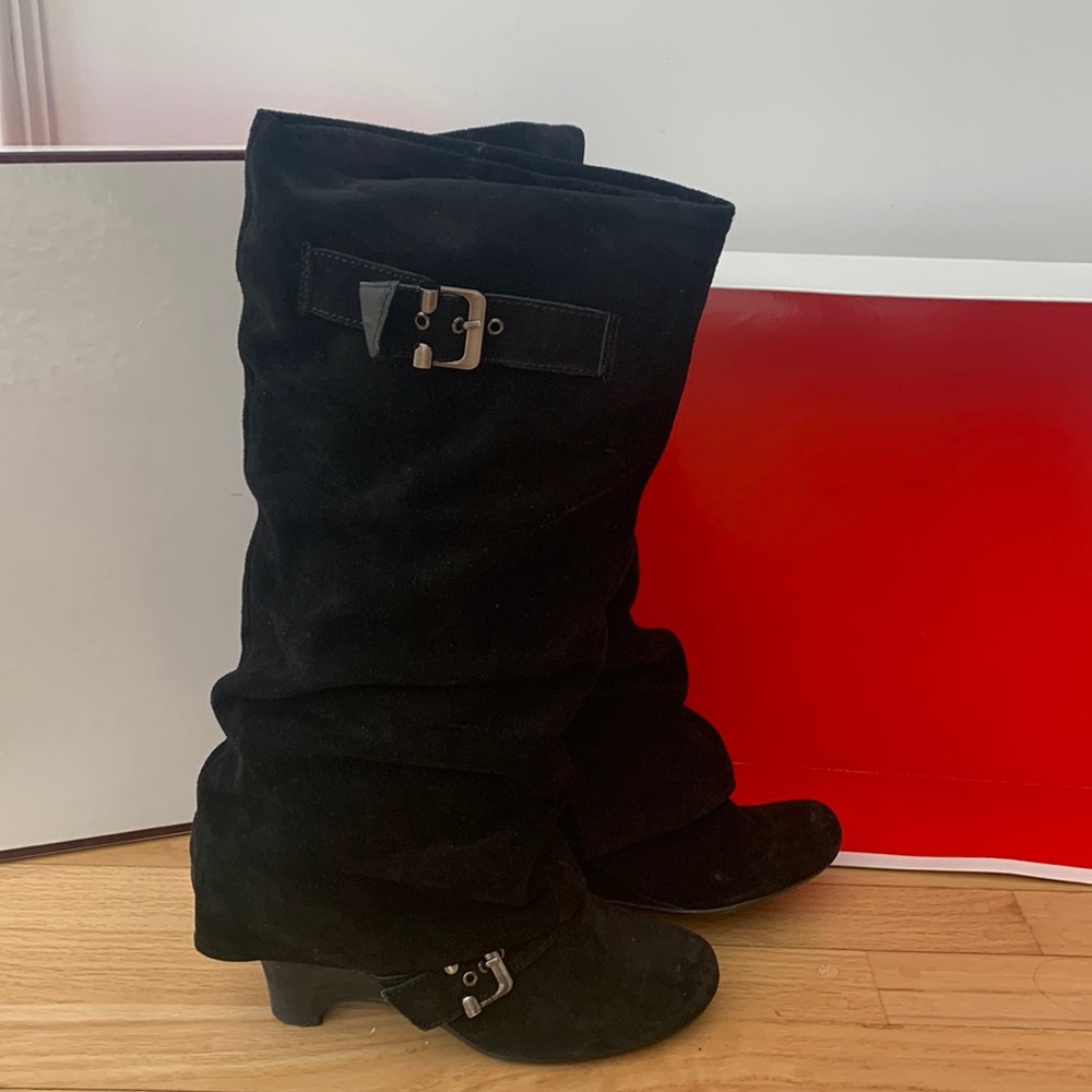 Black slouch suede boots with wedge heel, size 8 1/2